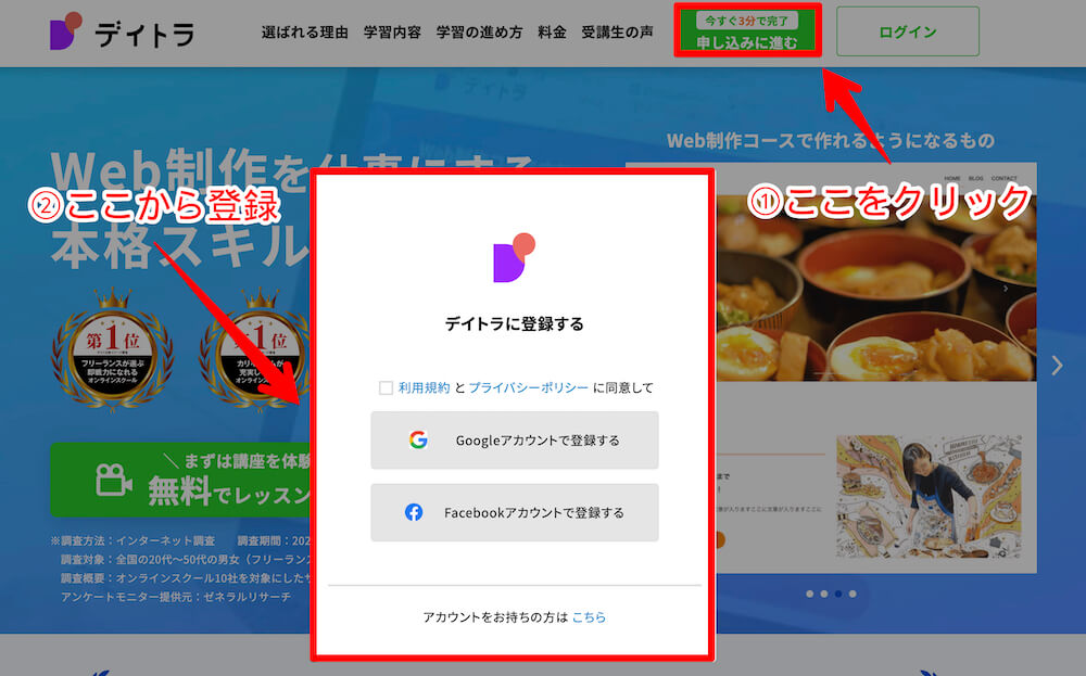 デイトラWeb制作コースの申し込み手順